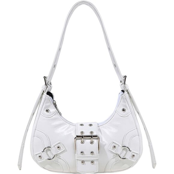 Women's Studded PU Leather Tote Handbag Adjustable Strap Boho Bags -White - Picture 5 of 11